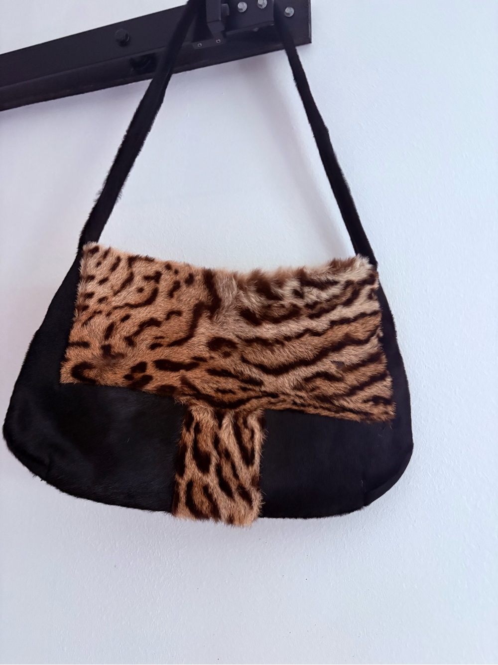 Black and Leopard REAL Fur Shoulder Bag with Floral Accent - Picture 2 of 5